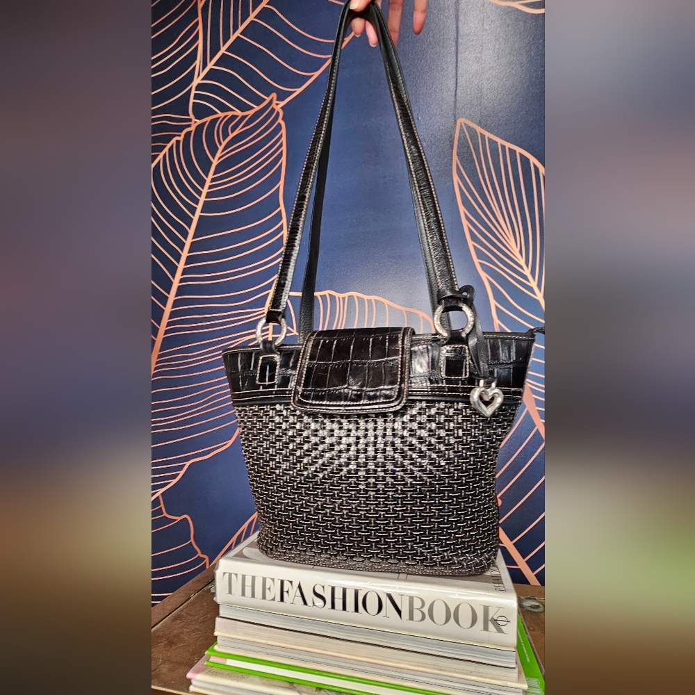BRIGHTON BLACK WOVEN LEATHER SHOULDER BAG
